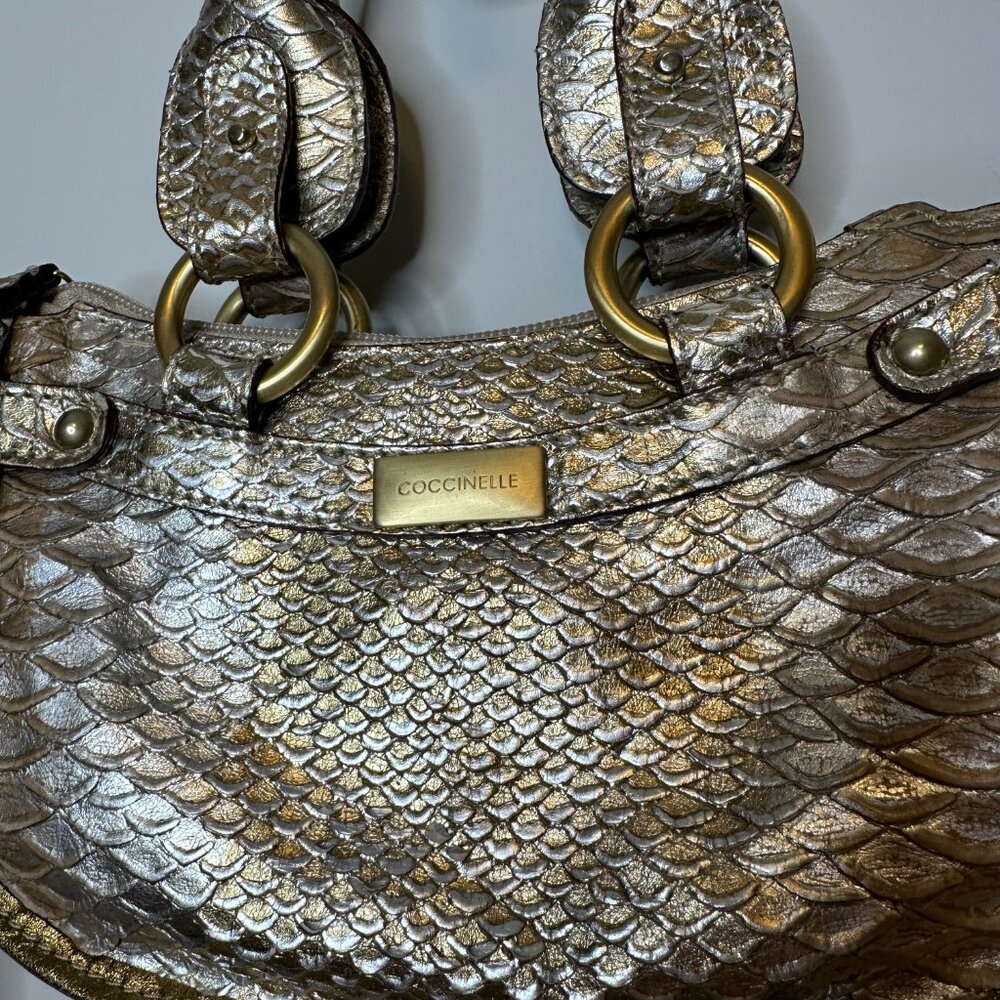 Coccinelle Gold Leather Snakeskin Handbag with Removable Strap - Picture 4 of 6